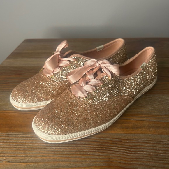 Keds kate spade Glitter Sneakers Rose Gold‎ Sparkle Ribbon Lace Up Shoes - Picture 1 of 10